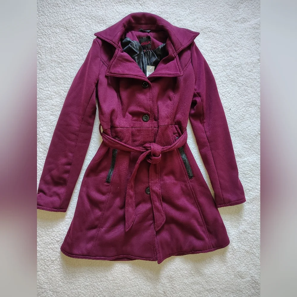 *NWT* Yoki Women's Medium Burgundy Button-up Coat With Tie At Waist - Picture 6 of 13